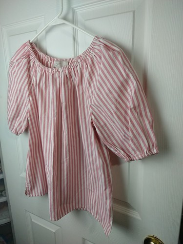 Loft Pink woman SP blouse White Striped Casual Peasant Side Slit - Picture 2 of 9