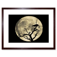 Crow Silhouette Moon Black Grey Art Picture Framed Wall Art Print