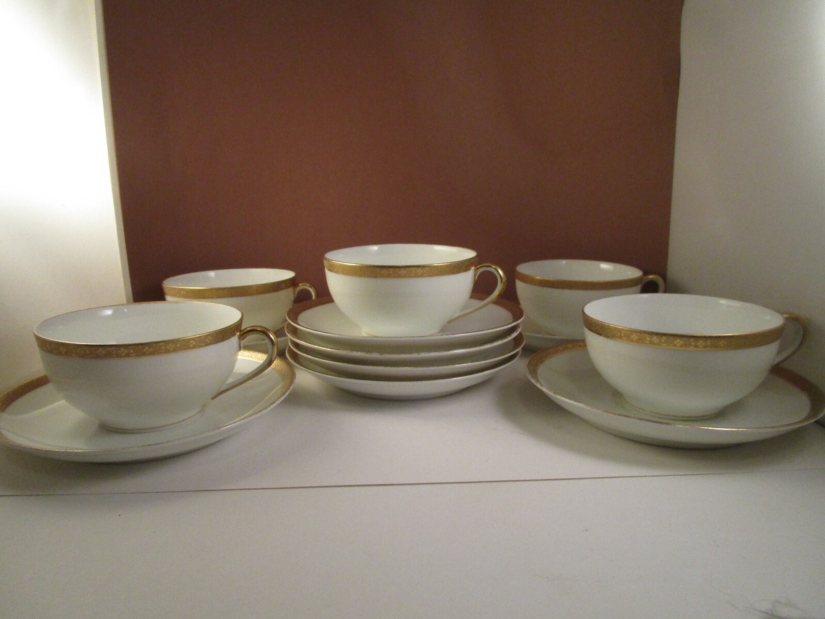 凛花 Vintage Noritake Japan Gold Rim Flower Set of 5 Tea Cups & 8