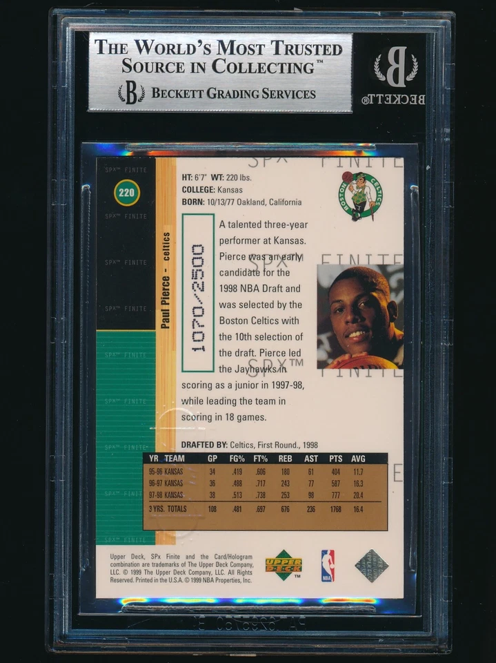 1998-99 SPx Finite rookie #220 Paul Pierce RC BGS 8.5 /2500 - Image 2 of 2