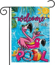 Summer POOL Garden Flags for Outdoor, Flamingo Welcome to Our POOL 12x18 Inch
