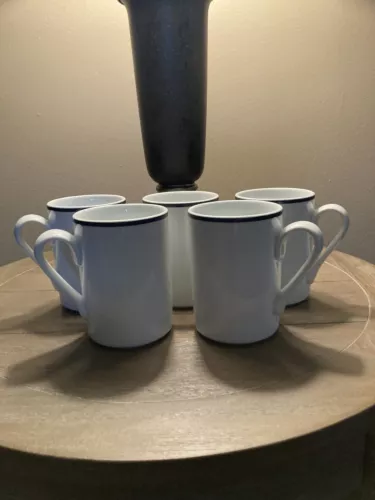 Dansk Bistro  Blue Stripe 10 Oz Coffee Mugs / Tea Cups Set of 5.