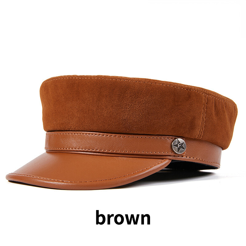 Women Men Sheepskin Leather Newsboy Hat Military Cap Mariner Breton