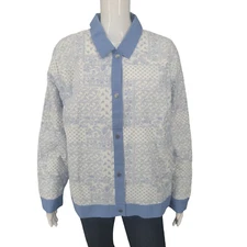 Denim Co Patchwork Allover Print Snap Jacket Large Sz Blue Modern Top w Pockets
