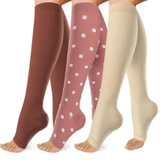 3 Pack Copper Compression Socks for Women&Men 20-30mmHg Open Toe Knee High Su...