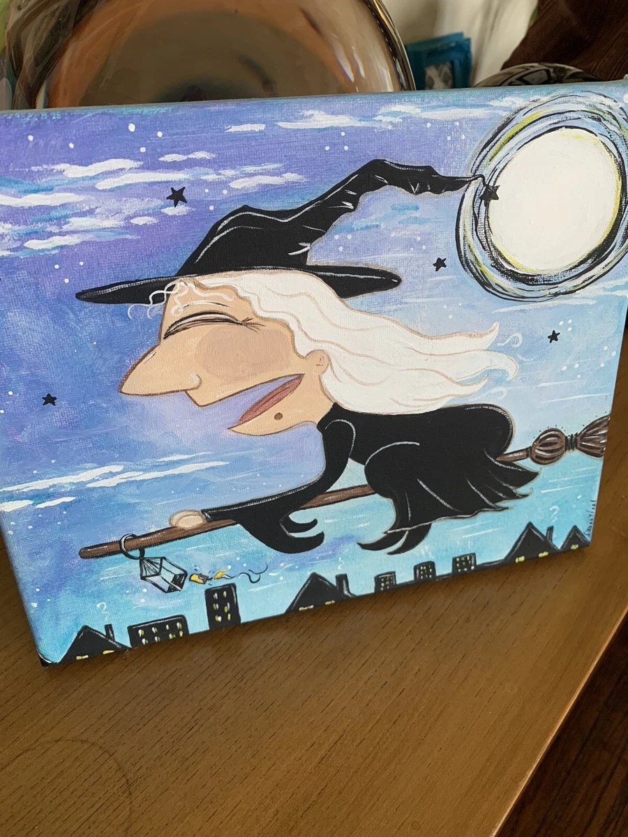 Witch In flight Canvas original painting Folk ART 8x10 Broom