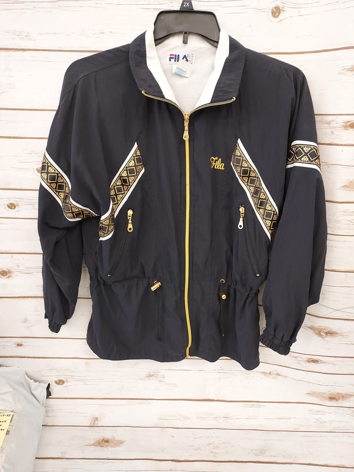 giacca a vento fila nera con bordo oro elastico cravatta vita taglia 4 poliestere