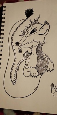 Original Ink and Paint Drawing, Dragon, Skeleton, Rose, Canvas, Paper
