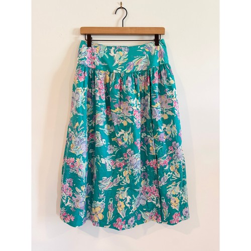 Vintage Laura Ashley Floral Cotton Midi Skirt Teal Green Cottagecore USA 12