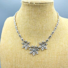 Retro Ora Signed Crystal Carved Snowflake Flower Lavalier Silver Tone Necklace