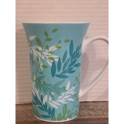 Ceramic Tea Infuser Mug Set Turquoise Botanical Leaf Print Loose Leaf Steeper
