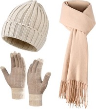Women Winter Hat Beanie Long Scarf Touch Screen Gloves Set, Warm Beige
