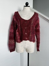 Hand Knit Red Pink Sweater Cardigan Grandmacore Medium Large Cottage Core