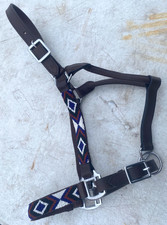 Cobalt, rust, green beaded leather horse size halter