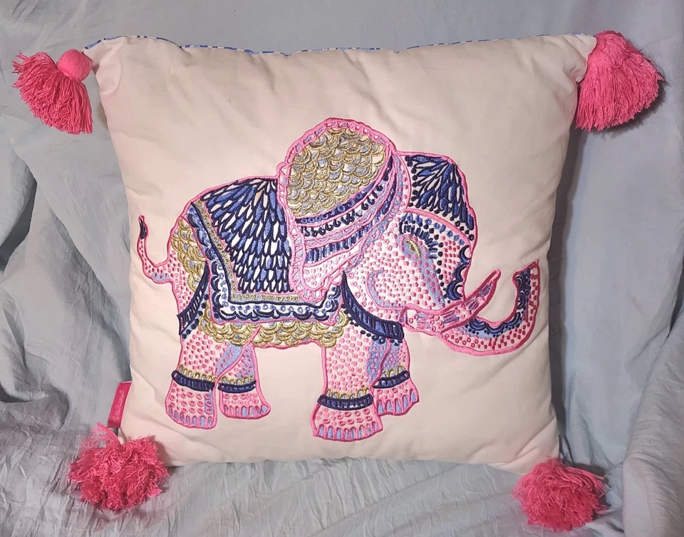 Lilly Pulitzer Embroidered ELEPHANT Toss Pillow 17 x 17 Tassels Pink Decorative - Image 2 of 4