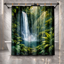 Tropical Rainforest Cascading Waterfall Vibrant Green Ferns Shower Curtain