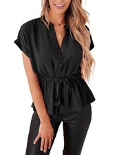 Womens Summer Button Down Chiffon Blouse Short Sleeve Peplum Work Casual Tops