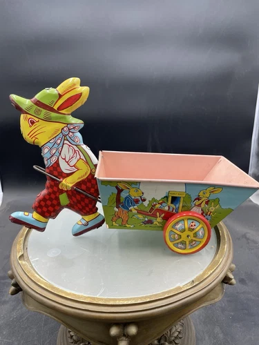 J Chein & Co Vintage 1950s Easter Bunny Rabbit Pulling Cart Tin Litho ~ Toy 11"
