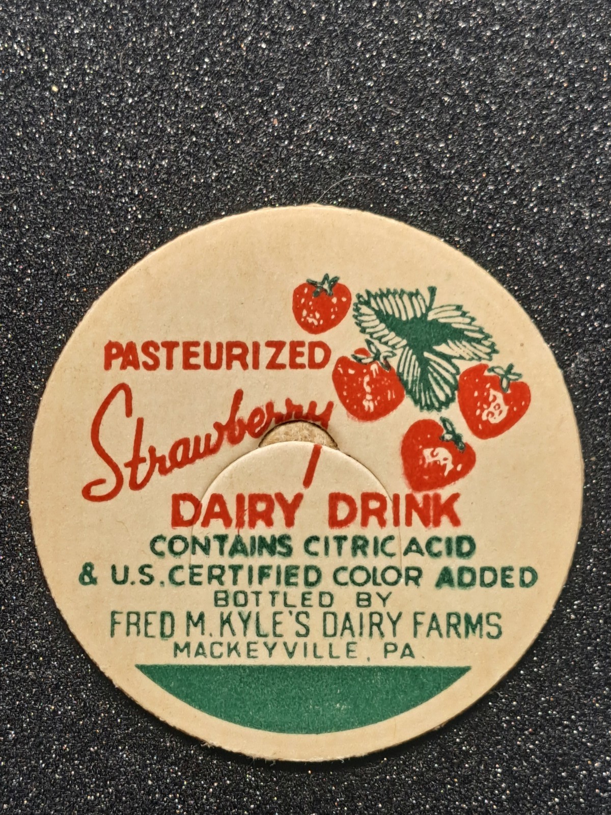 Vintage Fred M. Kyle's Dairy Farms Strawberry Dairy Drink Milk Bottle Cap PA