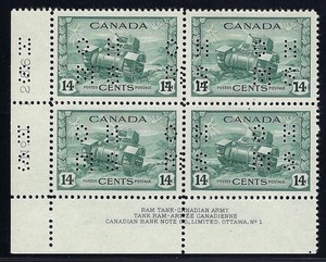 Canada, 1943, Scott #O259, Plate Block of 4, Plate #1, Mint, O.G., N.H.