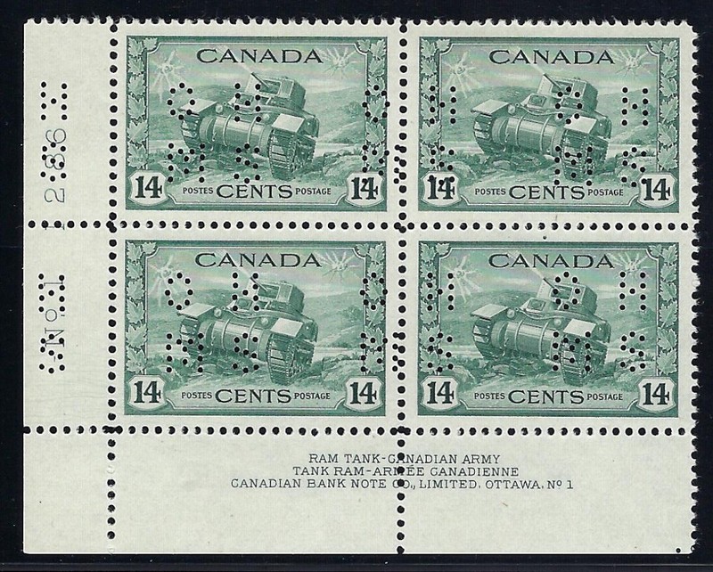 Canada, 1943, Scott #O259, Plate Block of 4, Plate #1, Mint, O.G., N.H.