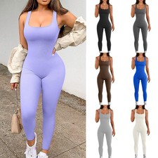 Womens Stretch Sleeveless RIBBED Bodysuit Unitard Yoga Jumpsuits Romper Pants UK