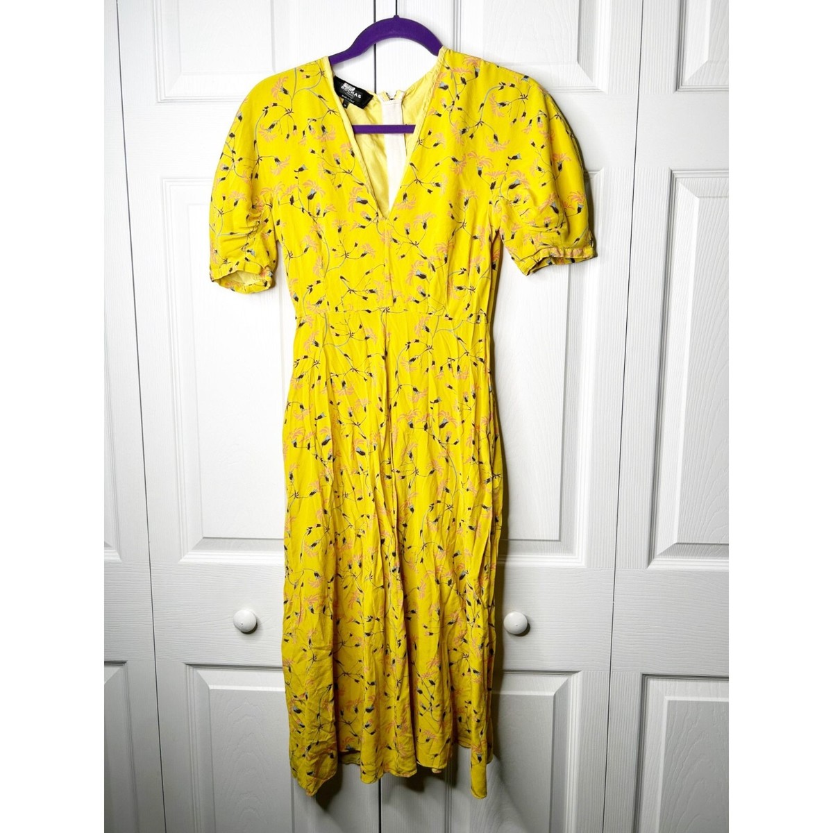 Rochas Yellow Floral Short Sleeve V-Neck Silk Midi Dress Women's Size IT 38  | eBay