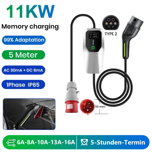 Cavo di Ricarica 5M EV Auto Elettriche 3 Fasi 11KW 16A Tipo2 Corrente Regolabile Portatile - Foto 1 di 12
