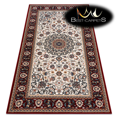 TOLLE NATURWOLLE Teppiche NAIN Rahmen Rosette Beige/Claret Exklusiv Beste Teppiche