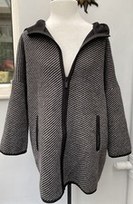 Hallhuber Knitted Hooded Zip Up Jacket Black Grey Chevron Stripe Uk12 Brand New