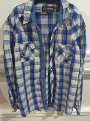 rock roll cowboy Blue Black Plaid Long Sleeve Snap Western Shirt XXLNWOT