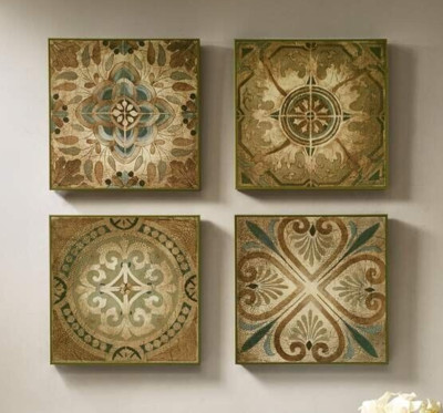 Bohemian Moroccan Bella Blue Tiles 15 1/2'' Square 4-Piece Gold Deco Box Wall Art