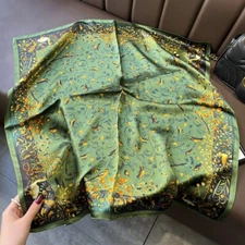 100% Silk 27" Square Scarf Women Kerchief Bandana Tied Green Birds Flower Print