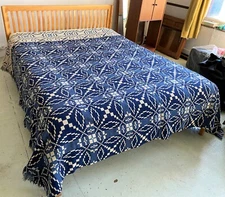Heirloom Hand Woven Welsh Bedspread Trefriw Woolen Mills Blue/Offwhite 96"x88" 