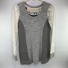 Saturday Sunday Anthropologie Mixed Knit Tunic Sweater Gray Lace Sleeve Medium