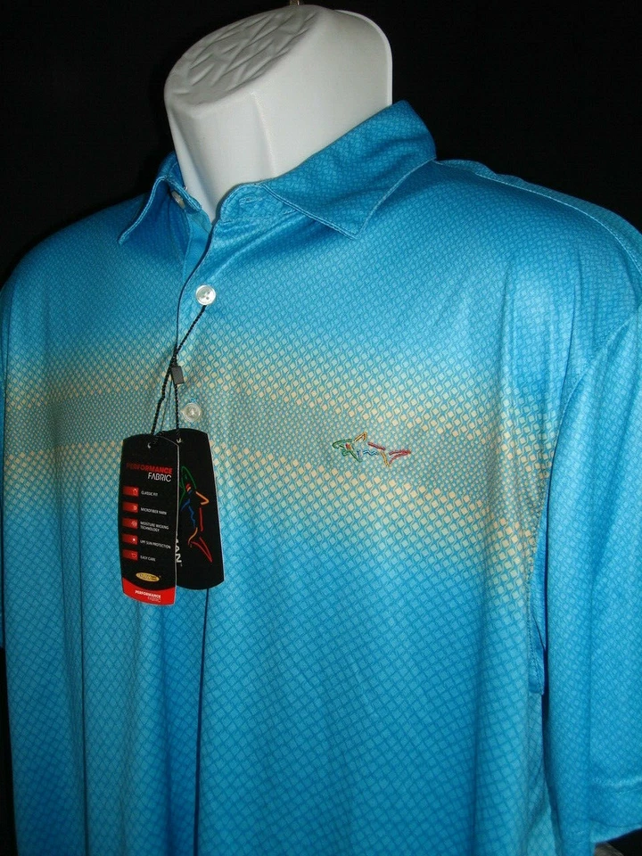NEW GREG NORMAN 2-TONE BLUE/YELLOW GEO DESIGN 100% POLY S/S POLO SHIRT L NO LOGO - Image 4 of 4