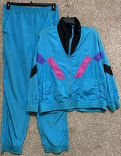 Vtg Puma Tracksuit Womens Jacket Medium Blue Pink Nylon 2 Piece Pants Large 