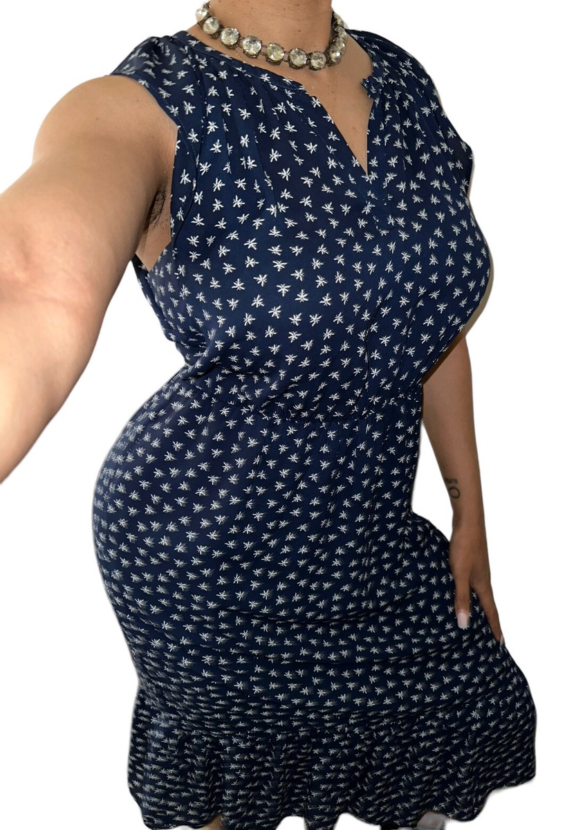 J. Crew Mercantile Blue Dragonfly Print Navy White Star Midi Ruffle Dress S