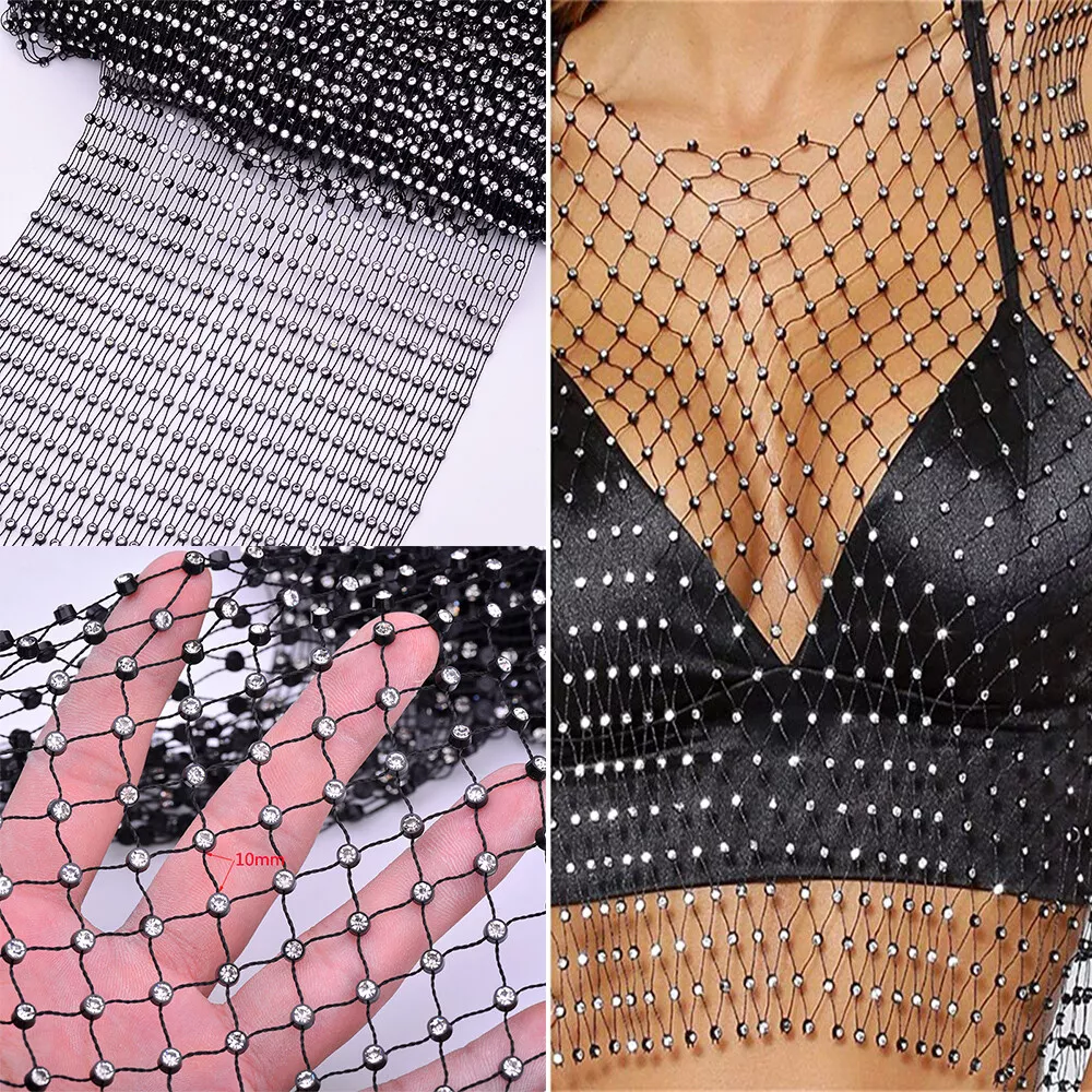1 Yard Fishnet Fabric Diamante Crystal Rhinestone Trim For Clothes
