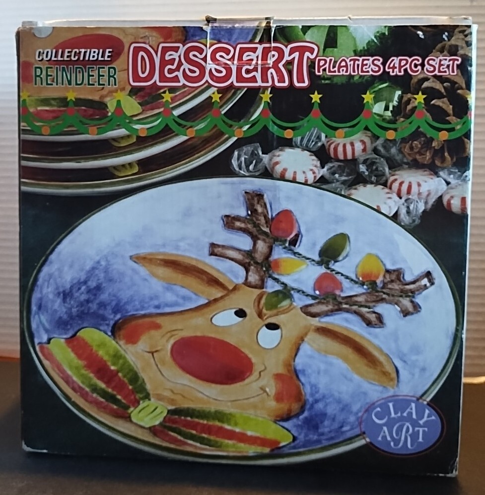 Vintage Christmas Dessert Plates Collectible Reindeer Dessert 4 Pc Set Clay Art eBay