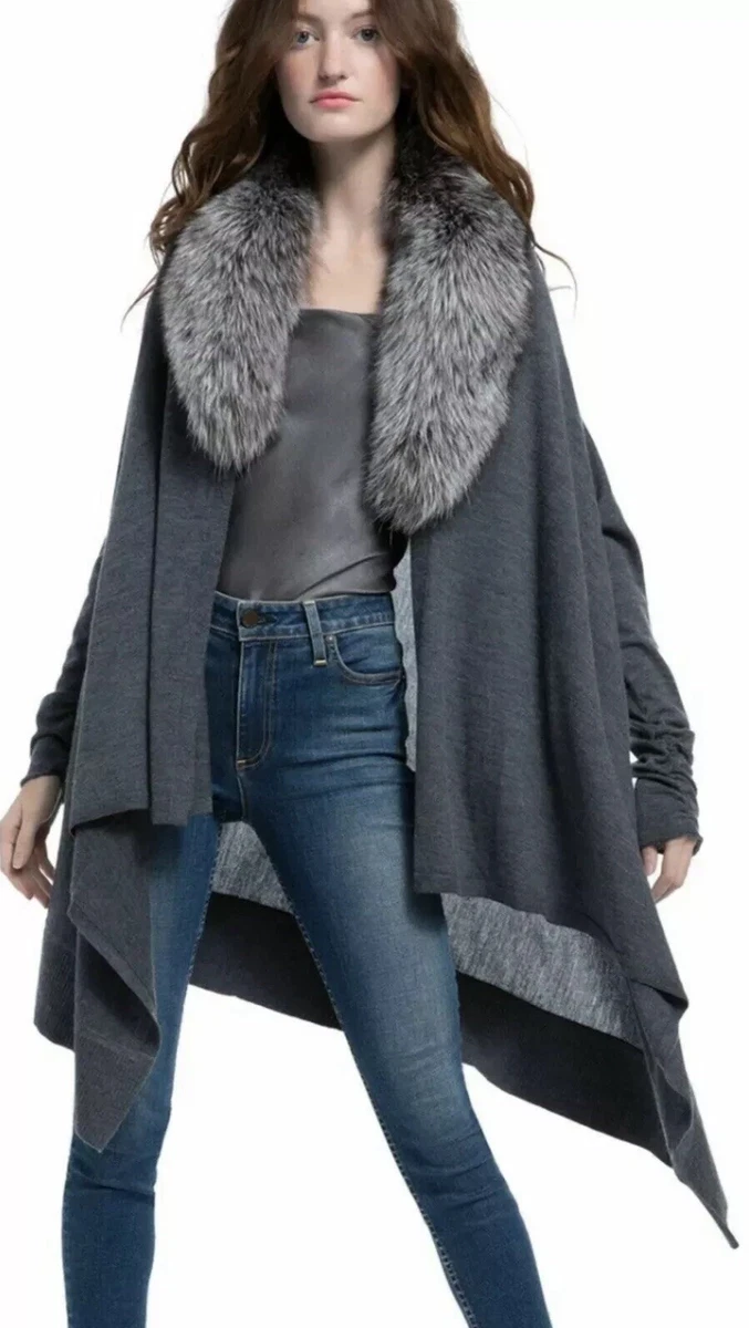 Alice Olivia Izzy Cascade Fox Fur Collar Cardigan Wool Cashemere Size S NWOT