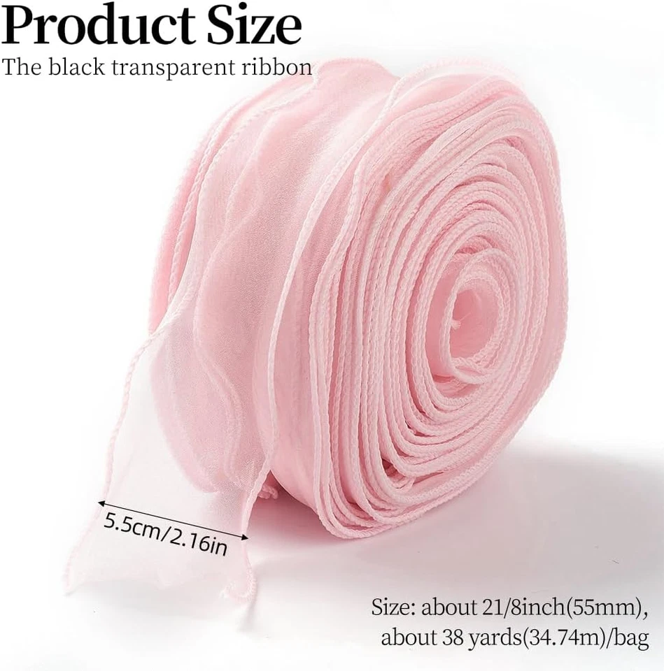 38 Yards 2 Inch Pink Sheer Ribbon Wired Transparent Organza Ribbon Sweet Rose Cl - Image 2 of 4