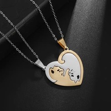 Cat Heart Necklace Stainless Steel Feline Kittens Gold/Silver Twin Set