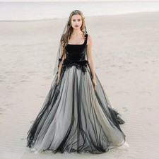 Boate Neckline Black Wedding Dress Velvet and Tulle Open Back with Crystals
