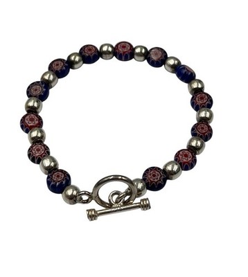 Sterling Silver & Millefiori-Style Glass Bead Bracelet   Toggle Clasp Sz 7 
