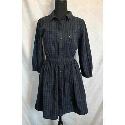 Levi's Tartan Plaid Shirt Dress Button Down 3/4 Sleeve Fitted Waist Size Large
