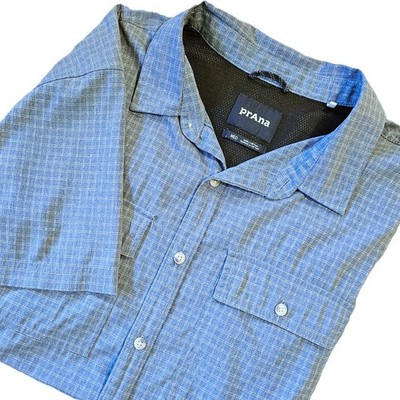 prAna Men's M Blue Checkered Short Sleeve Button Down Vented Back Hiking Shirt