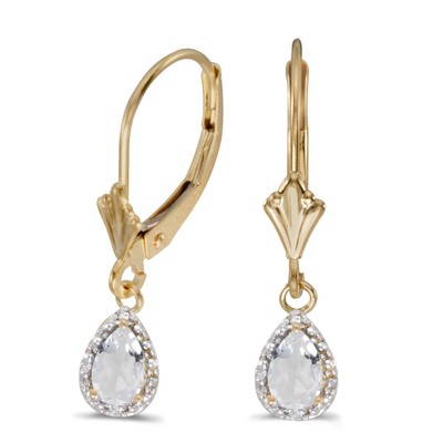 LXR 14k Gelbgold Pear White Topaz und Diamant Leverback Ohrringe 1 ct
