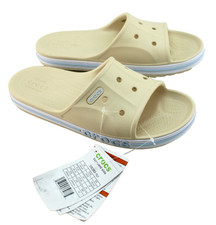 New CROCS Women's 8 Bayaband Vanilla Cream /Blue Raised Crocs Logo Slide Sandals