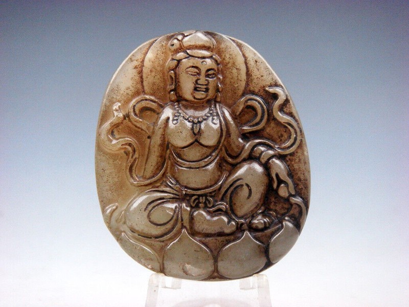 Old Nephrite Jade Stone Carved Pendant Seated Kwan-Yin Buddha #07152310